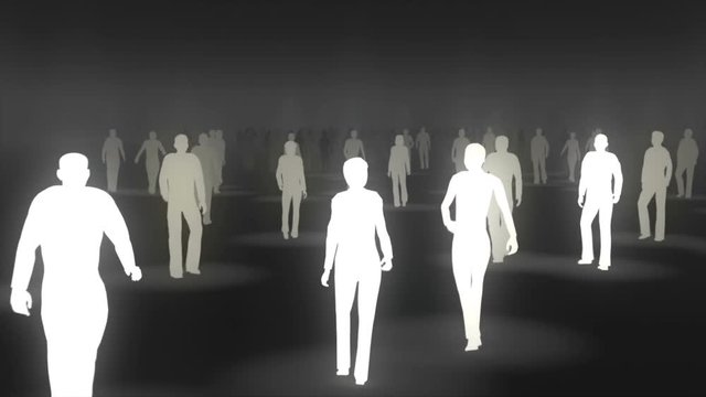 Group of silhouetted people walking away from camera in unison. One silhouette starts emitting their own light and becomes a beacon in the crowd who start to illuminate also , spreading through the cr