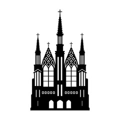 Fototapeta premium Black silhouette of gothic church. Isolated drawing of cathedral build. Fantasy architecture. European medieval landmark. Design element