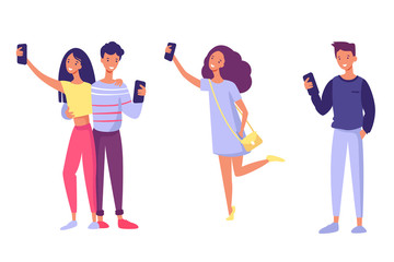 Fototapeta premium Set of modern looking people and couple with phones take a selfie. Colorful vector illustration in flat cartoon style isolated on white background. Flat design.