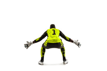 Goalkeeper ready to save on white studio background. Soccer football concept. Back view