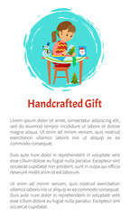Handcrafted gift, girl sitting at table and cutting Xmas tree and snowman, Santa Claus of paper. Kid making cards on Christmas holidays, poster with text