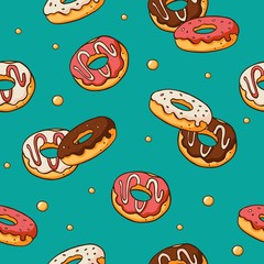 Seamless pattern with doodle hand drawn donuts on blue background. Cute vector cartoon donuts background. Perfect for wrapping, fabric and cafe menu backdrop.
