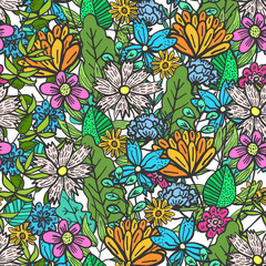 Cute doodle floral seamless pattern with mess of colorful flowers and leaves. Childish naive texture with outline blossoms and herbs bouquet for textile, wrapping paper, background, surface, wallpaper