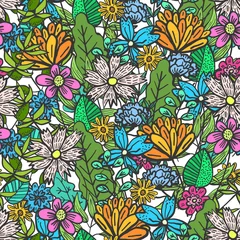 Foto op Plexiglas anti-reflex Cute doodle floral seamless pattern with mess of colorful flowers and leaves. Childish naive texture with outline blossoms and herbs bouquet for textile, wrapping paper, background, surface, wallpaper © Tatahnka