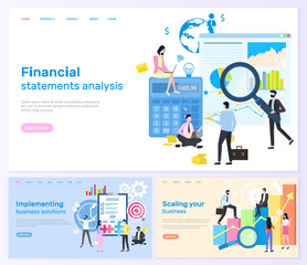 Financial statements analysis and solution vector. Implementing solutions and scaling business, people with magnifying glass and calculator, finance planning. Website template, landing page flat style