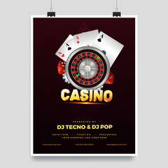 Naklejka na ściany i meble 3D illustration of golden text Casino with roulette wheel and playing cards for gambling night template design.