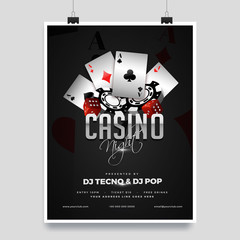 Casino night party template design with casino element on shiny black background and venue details.