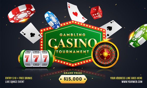 Gambling casino tournament banner or poster design with 3d illustration of chip, playing cards,  roulette wheel and slot machine on black background.