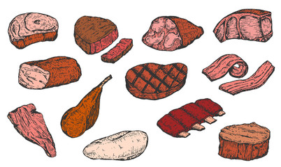 Set of hand drawn sketch meat products isolated on white background. Vector vintage retro illustration.