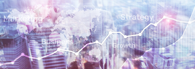 Business abstract background double exposure graph, chart and diagram. World wide map and. Global business and financial trading concept.