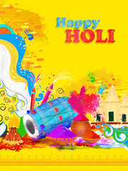 Vector illustration of festival elements for Happy Holi celebration greeting card design.