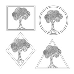 Contour hand drawing zendoodle tree in frame: square, circle, rhombus, triangle. Stylization and fantasy. Black and white isolated vector illustration. Icons. Coloring book for children and adults.