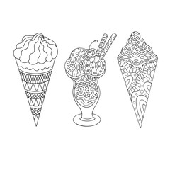 Set of three Contour hand drawing zendoodle desserts, ice cream. Stylization and fantasy. Black and white isolated vector illustration. Coloring book for children and adults.