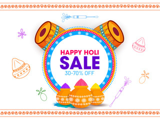 Flat style festival elements such as color pot and dhol (Drum) illustration for Happy Holi sale poster or banner design.