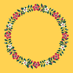 Floral greeting card and invitation template for wedding or birthday anniversary, Vector circle shape of text box label and frame, Red flowers wreath ivy style with branch and leaves.