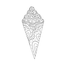 Contour hand drawing zendoodle dessert, ice cream. Stylization and fantasy. Black and white isolated vector illustration. Coloring book for children and adults.
