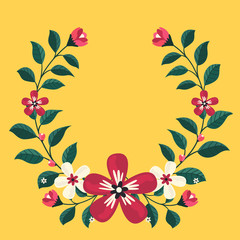 Floral greeting card and invitation template for wedding or birthday anniversary, Vector circle shape of text box label and frame, Red flowers wreath ivy style with branch and leaves.