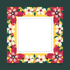 Fototapeta na wymiar Floral greeting card and invitation template for wedding or birthday anniversary, Vector square shape of text box label and frame, Red flowers wreath ivy style with branch and leaves.