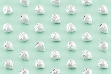 Minimal fruit pattern. White strawberries on mint green background. 3D Rendering.
