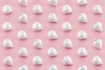 Minimal fruit pattern. White strawberries on pink background. 3D Rendering.