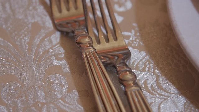 Close up 2 forks on fance table cloth