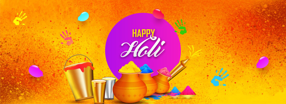 Happy Holi festival celebration header or banner design with festival  elements on color splash background. Stock Vector | Adobe Stock