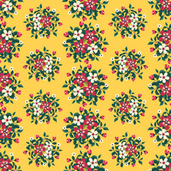 Fototapeta na wymiar Floral vector artwork for apparel and fashion fabrics, Red flowers wreath ivy style with branch and leaves. Seamless patterns background.