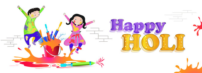 Happy kids celebrating festival of colors for Happy Holi celebration header or banner design.