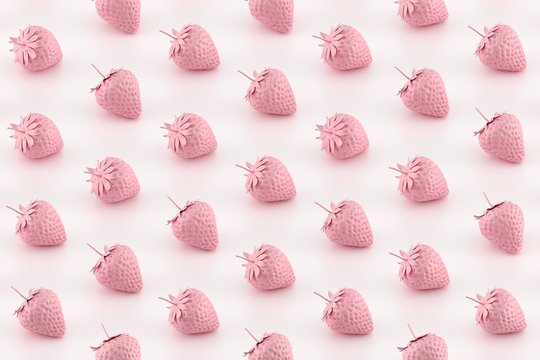 Minimal fruit pattern. Pink strawberries on white background. 3D Rendering.