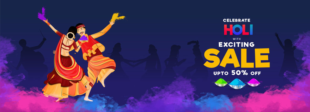 Dancing couple character on the occasion of holi celebration. Sale header or banner design for advertising concept.