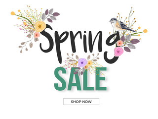 Spring Sale banner or poster design decorated with floral and bird illustration on white background.