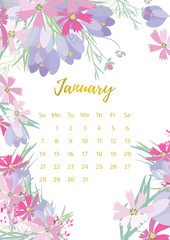 Vintage floral calendar 2018 with bouquet of flowers. illustration.