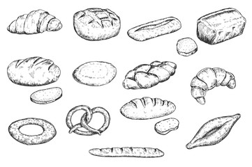 Set of hand drawn sketch bakery products isolated on white background. Vector vintage retro illustration.