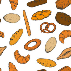 Cartoon seamless pattern with different bakery products. Vintage retro vector background.