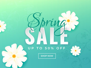 Advertising banner design decorated with daisy flowers and 50% discount offer for Spring Sale.