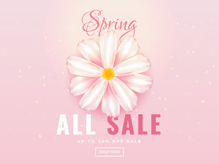 Spring Sale banner or poster design with 30% discount offer and realistic daisy flower illustration on glossy pink background.