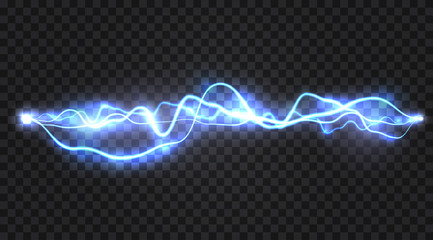 Realistic electric discharge, energy flow or lightning blast isolated on transparent background. Vector illustration.