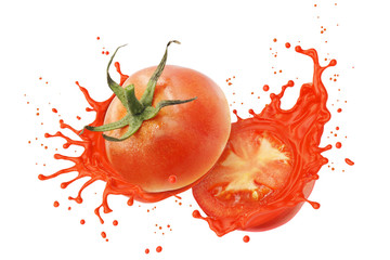 Red Tomato Sliced with Splashing juice or tomato sauce, Isolated on white background with Clipping...