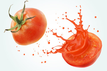 Red Tomato Sliced with Splashing juice or tomato sauce, Isolated on white background with Clipping...