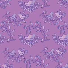 Vintage Floral Seamless Background with Birds, Vector watercolor Illustration