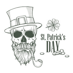 Sketch set for Saint Patricks Day, leprechauns skull with beard and mustaches, tobacco tube, and hat , clover leaf, lettering