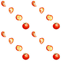 watercolor healthy vegan food sketch hand-drawn cut red tomatoes with slices isolated on white background seamless pattern