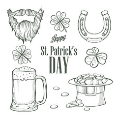 Sketch set for Saint Patricks Day, hat of a leprechaun, glass of beer, beard and mustaches, horseshoe, clover leaf, lettering