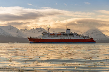 Expedition ship in Arctic sea, Svalbard