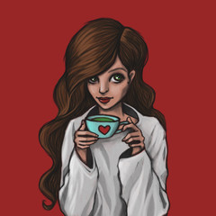 The young girl with brown hair with a cup of coffee or tea. Woman drinking drink. Modern illustration.