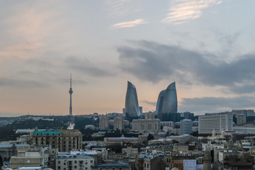 Flame Towers Baku at sunset 