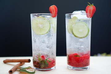 Strawberry mojito cocktail on wood table