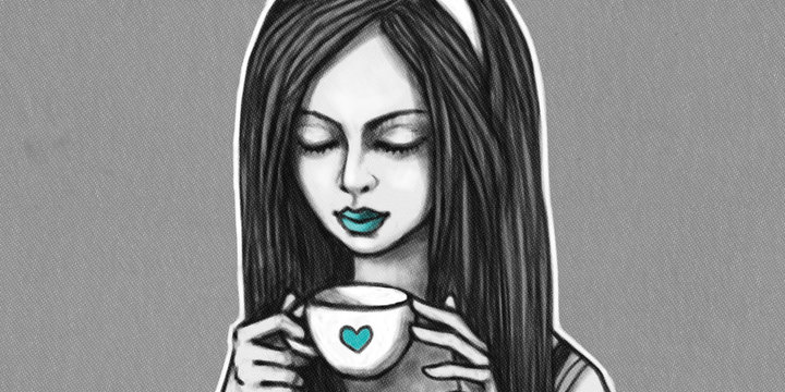 The young girl with long hair with a cup of coffee or tea. Woman drinking drink. Modern illustration.