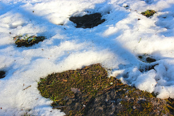 ground are showing through spots in the snow