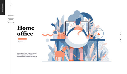 Technology 3 -Home Office - modern flat vector concept digital illustration home office metaphor, a freelancer guy working at home with pets and plants. Creative landing web page design template